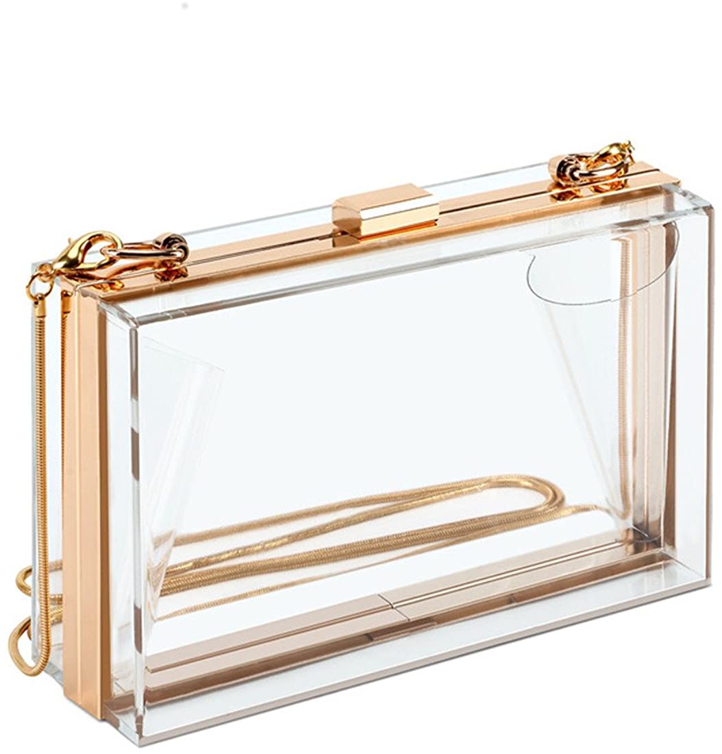 Price:$19.99 Clear Purse Bag Stadium Approved Crossbody Box Clutch for Girls & Women, Transparent Shoulder Handbag for School Prom, Work, Sporting Events, Fest & Concert with Removable Gold Chain Strap  Handbags   