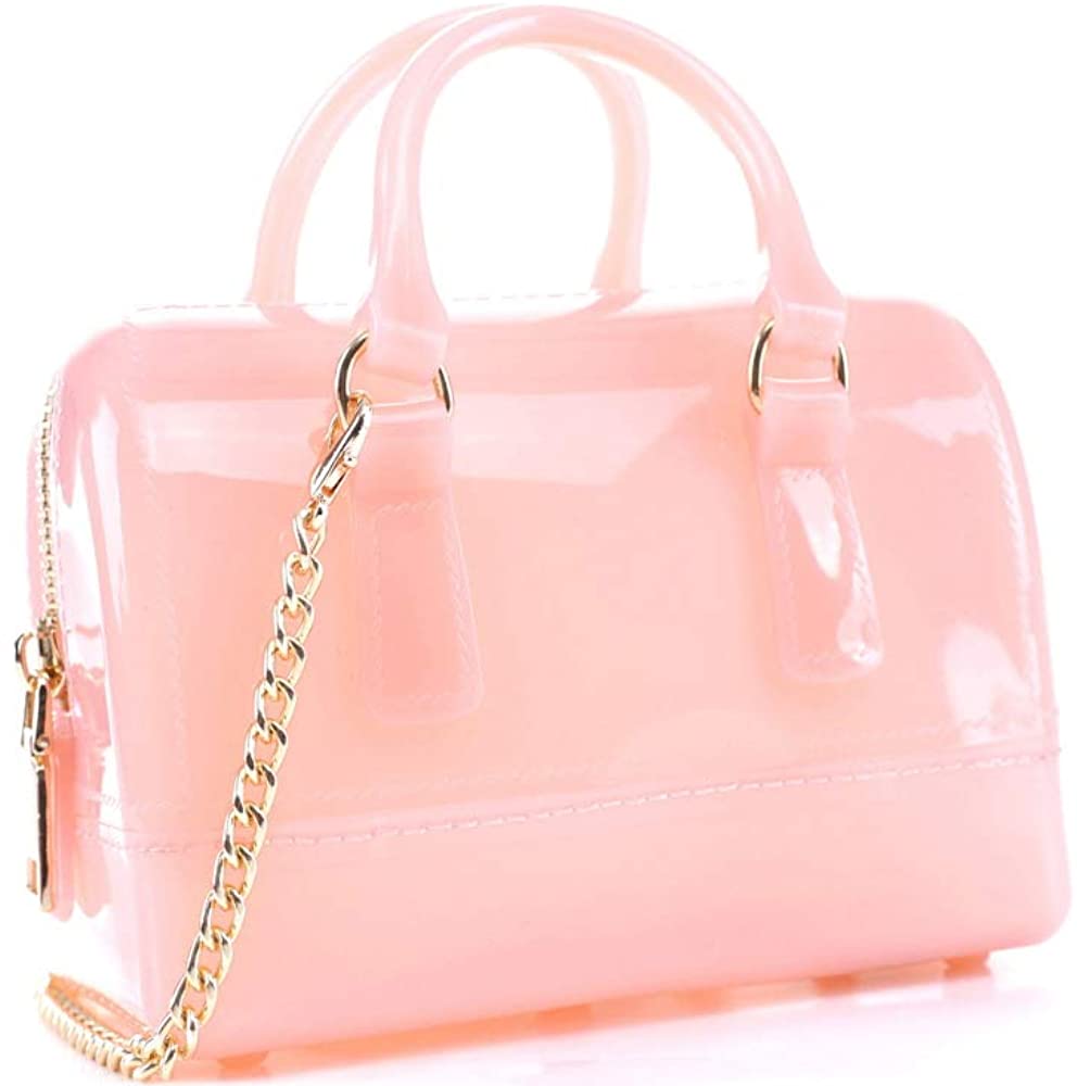 Price:$19.95    Bright Rainbow Multicolor Neon Jelly Mini Satchel Medium Shoulder Bag Crossbody (1Mini Barrel Satchel - Clear Pink)  Clothing
