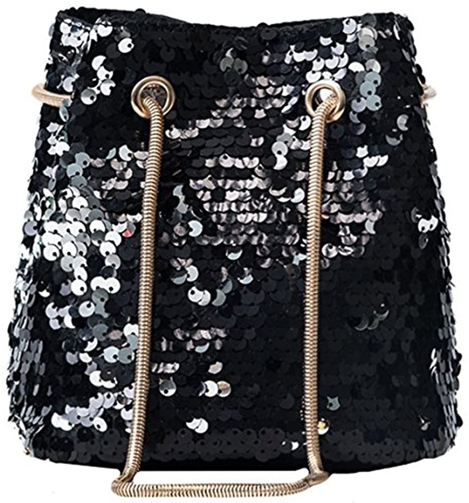 Price:$9.29 Women Glitter Reversible Sequins Shoulder Bag Small Drawstring Bucket Bag Chain Bag Handbag  Handbags   