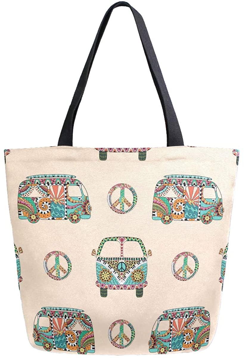 Price:$15.98    Women Top Handle Handbags Shoulder Tote Bag Colorful Hippie Camper Bus Tote Washed Canvas Purses Bag  Clothing