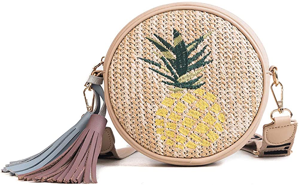 Price:$18.00 HIKEL Pineapple Embroidery Round Bag Shoulder Straw Bag for Womens Beach Travel Woven bag, Summer Tassels Crossbody Bag  Handbags   