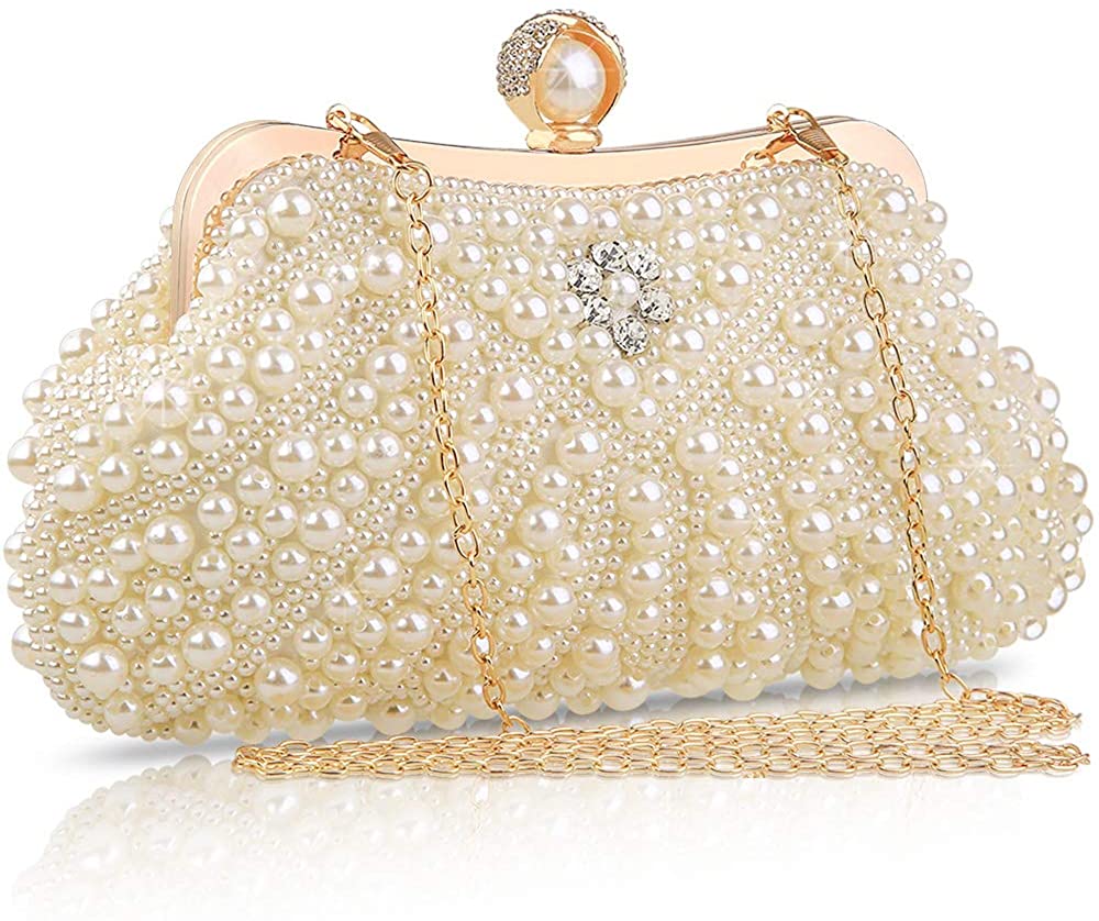 Price:$19.19 Women Pearl Cross body Bag, Handbag Shoulder Bag, Golden Chain Pearl Bag, Clutch Purse for Bride Wedding, Formal and Casual Occasion  Handbags   