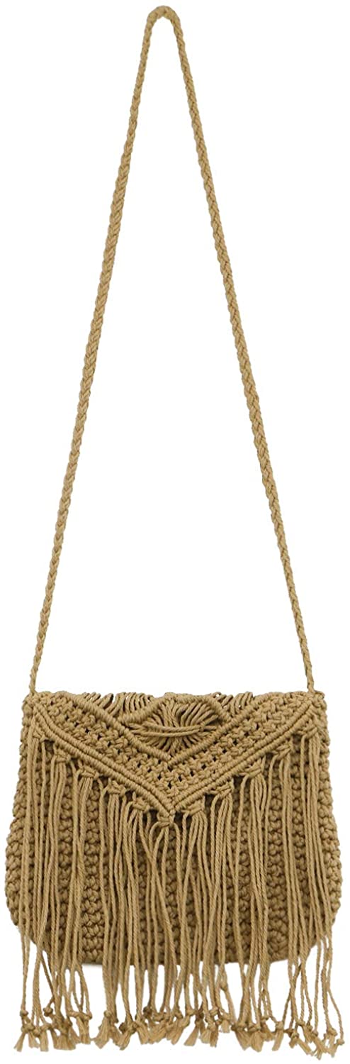 Price:$25.99 QTKJ Women's Crochet Crossbody Bag Hand-Woven Boho Tassels Summer Beach Cotton Messenger Shoulder Bag with Zipper (Khaki)  Handbags   