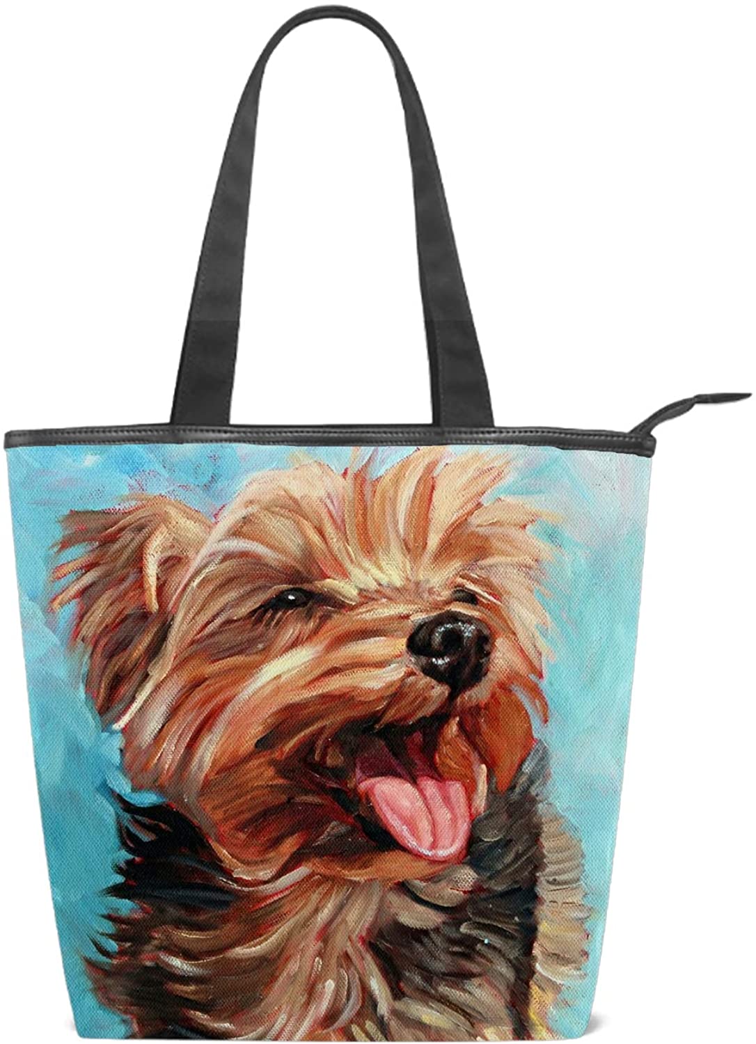 Price:$21.60    Women's Handbags Canvas Shoulder Bags Happy Yorkie Puppy Handbag Retro Casual Tote Purses  Clothing