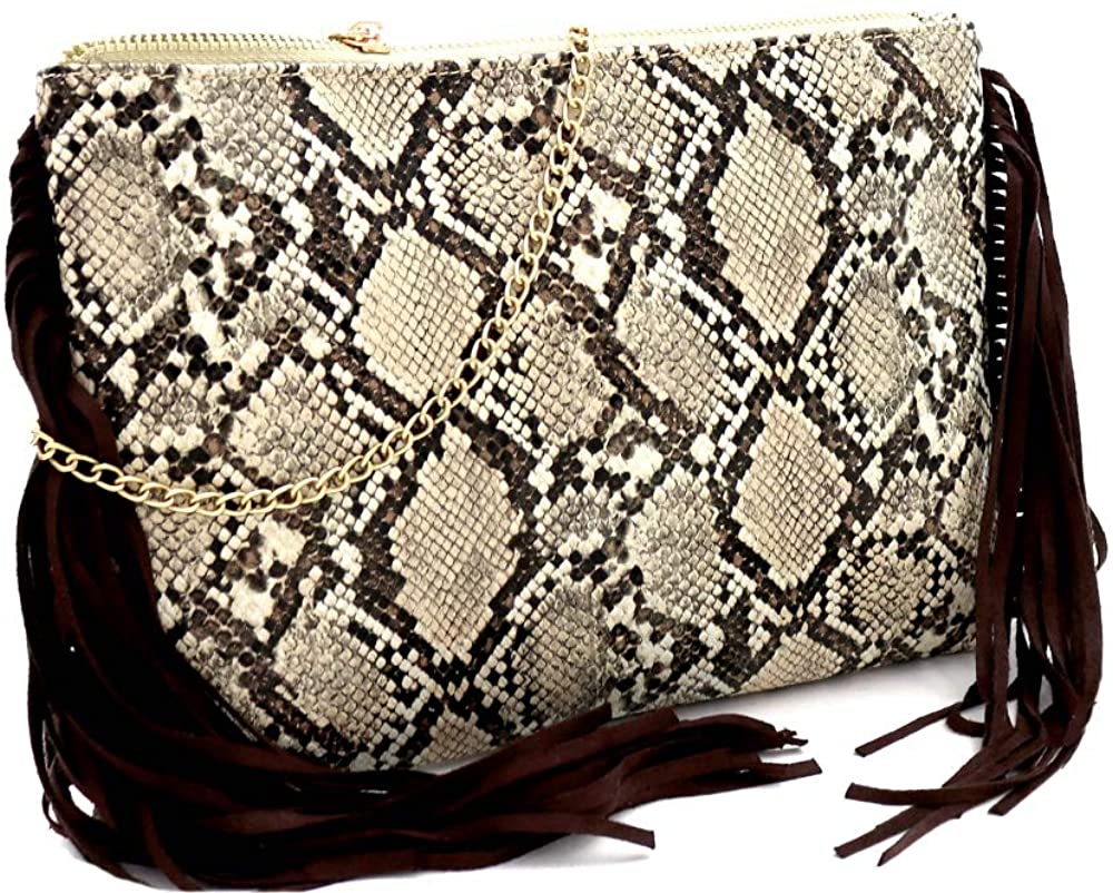 Price:$24.95 Fringed Side Snake Print Simple PU Leather Flat Clutch Shoulder Bag with Chain  Handbags   