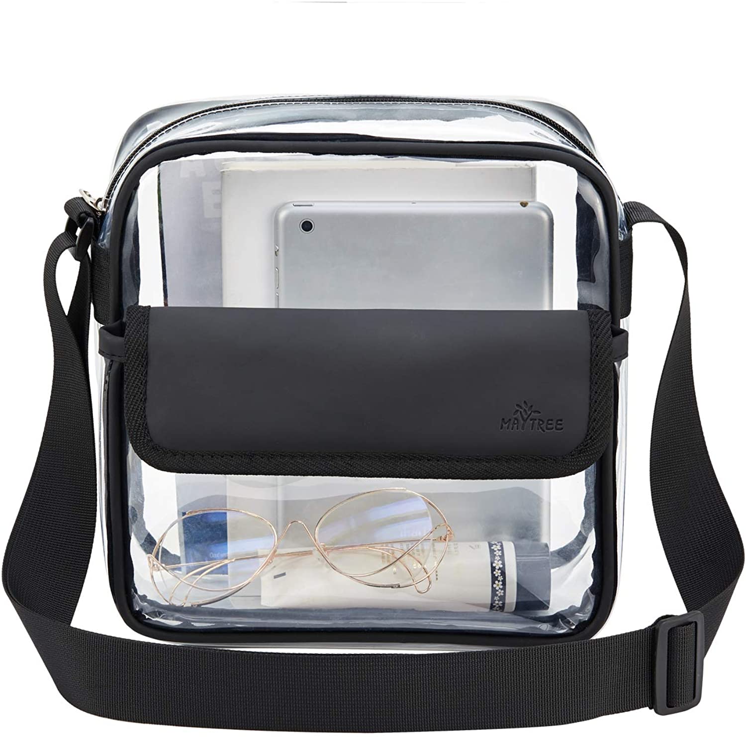 Price:$9.96    MAY TREE Clear Crossbody Purse Bag, NFL Stadium Approved Transparent Shoulder Bag, See Through Gym Zippered Tote Bag with Adjustable Shoulder Strap and Wrist Strap for Work Sports Games (Black-M)  Clothing