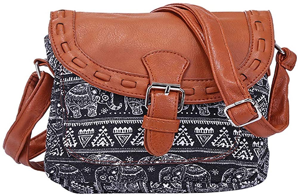 Price:$0.00    Monique Women Vintage Print Canvas Cross body Bag with PU Leather Flap Saddle Shoulder Bag Purse Black elephant print  Clothing