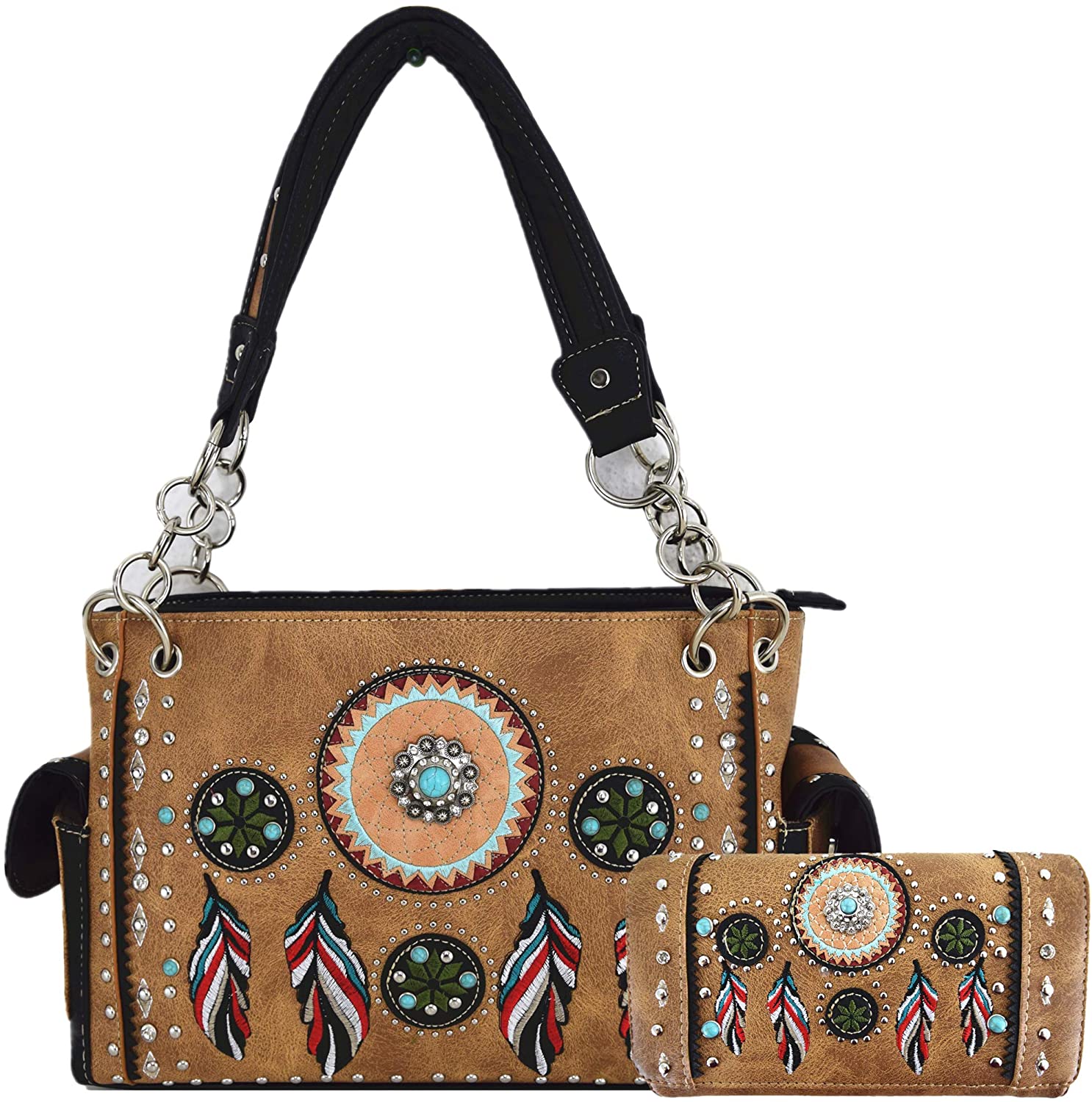 Price:$59.95    Native Tribal Feather Conchos Concealed Carry Purse Rhinestone Tote Handbag Women Shoulder Bag Wallet Set (Tan Set)  Clothing