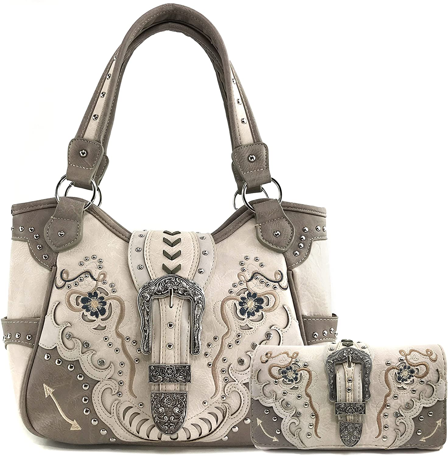 Price:$64.88 Justin West Buckle Floral Embroidered Studded CCW Concealed Carry Shoulder Purse Handbag (Beige Purse Wallet Set)  Handbags   