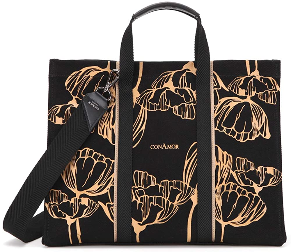 Price:$108.00    CONAMOR Black Fleur Tote Bag Medium, Casual Shoulder Strap Crossbody Bag, Flower Printing Canvas Bag  Clothing