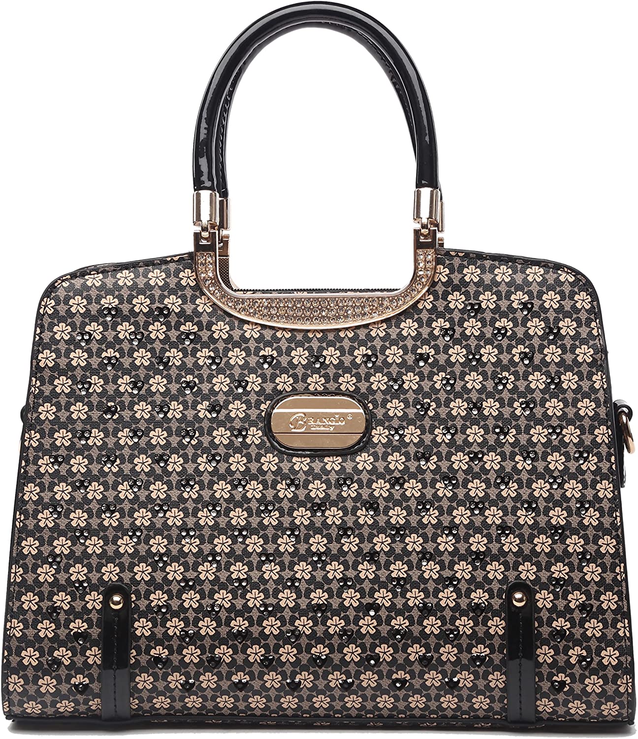 Price:$112.99 Brangio Italy"Twinkle Star" Women's Floral Top Handle Coated Canvas Handbag Purse Black  Handbags   