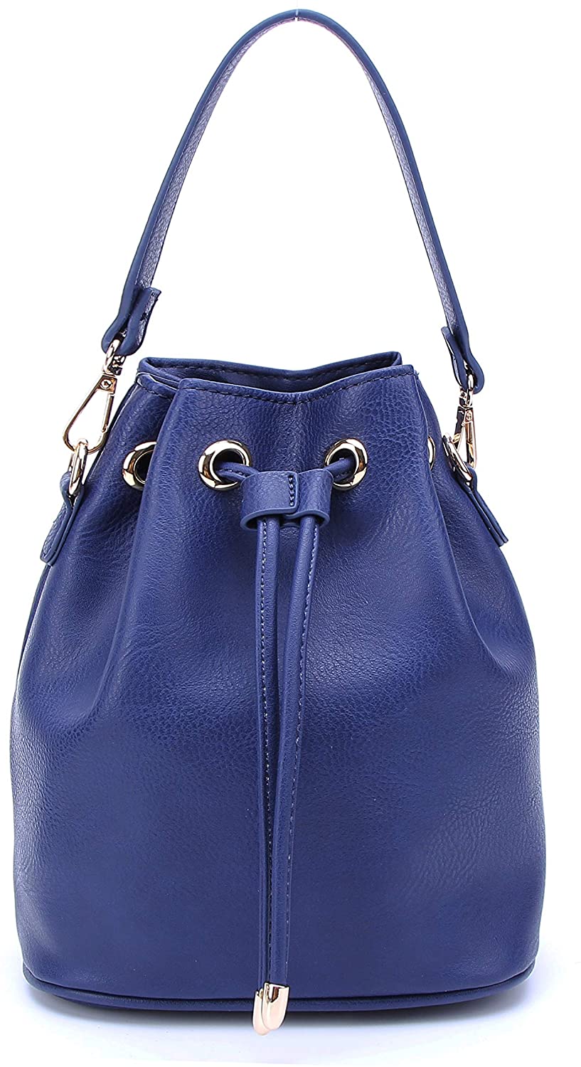 Price:$23.95 Solene Drawstring Bucket Bag for Women, Rich Faux Leather Crossbody Purse and Shoulder Bag with Gold Tone Hardware-WU096(Navy)  Handbags   