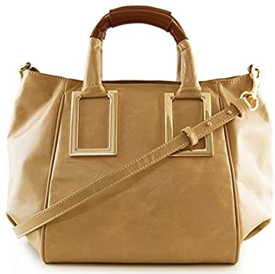 Price:$22.99 Lush Leather Medium Plus Metal Squares Top Handle Beige Bag  Handbags   