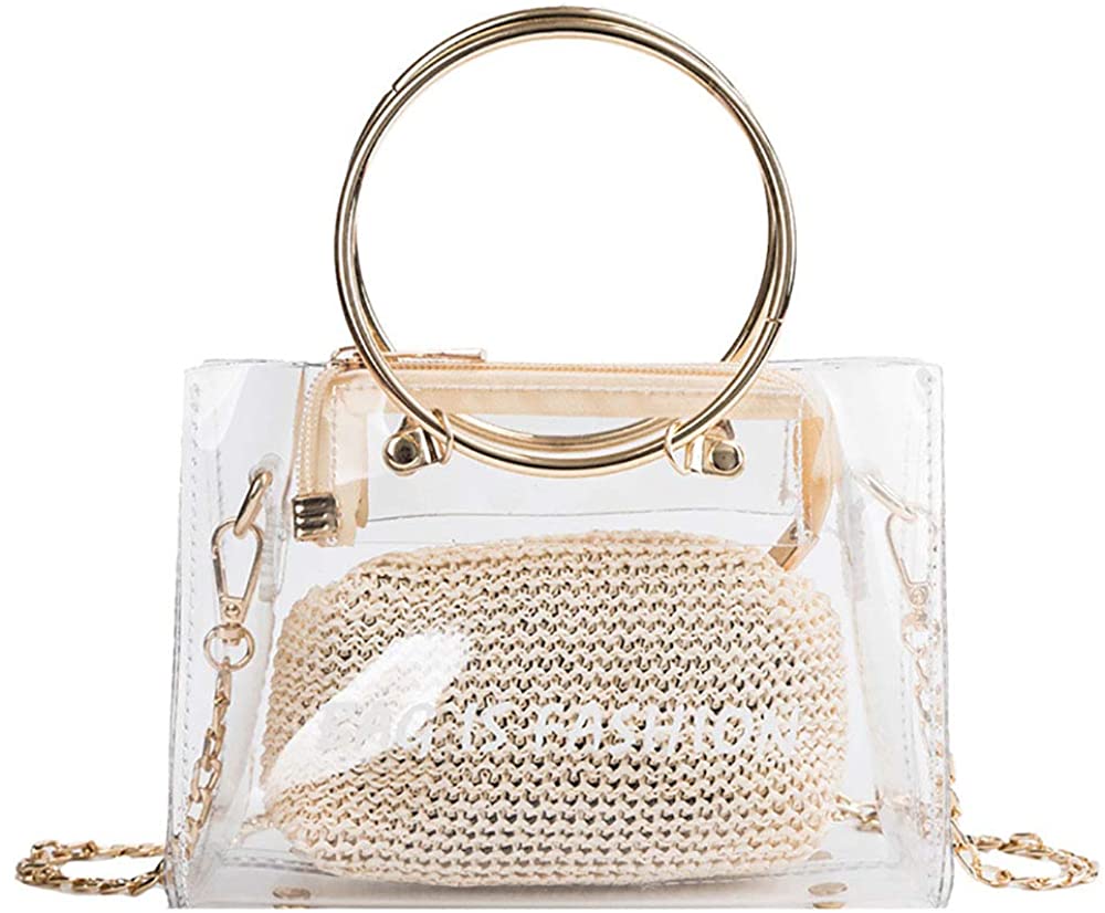 Price:$22.99 HIKEL PVC Clear Jelly Bag Straw Shoulder Bag for Womens Beach Travel Woven Bag, Cross Body Ring Handbag Chain Lady Small Bags (Beige)  Handbags   