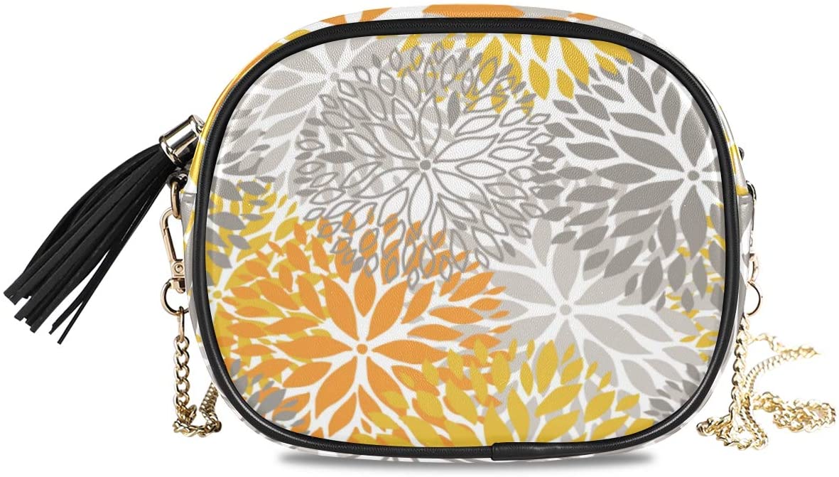 Price:$14.99    ALAZA Women's Orange and Grey Flower Chrysanthemum Flowers Cross Body Bag Chain Shoulder Handbag Purse with Tassel  Clothing