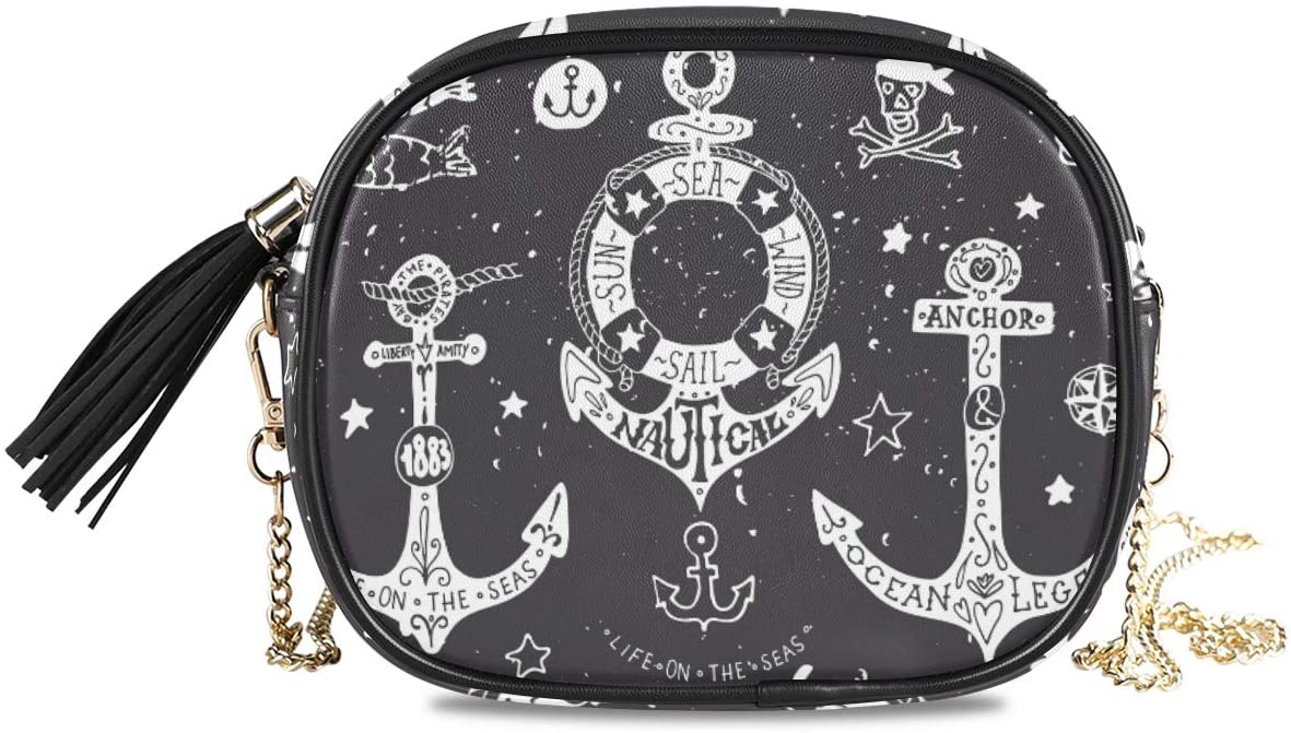 Price:$14.99    ALAZA Women's Hand Drawn Anchors Fish Cross Body Bag Chain Shoulder Handbag Purse with Tassel  Clothing