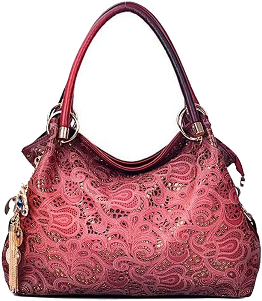 Price:$24.95    Women's Tote Bag With Shoulder Strap, Hollow Out Faux Leather Tote Purse Shoulder Handbag With Dangles By C&L (Red)  Clothing