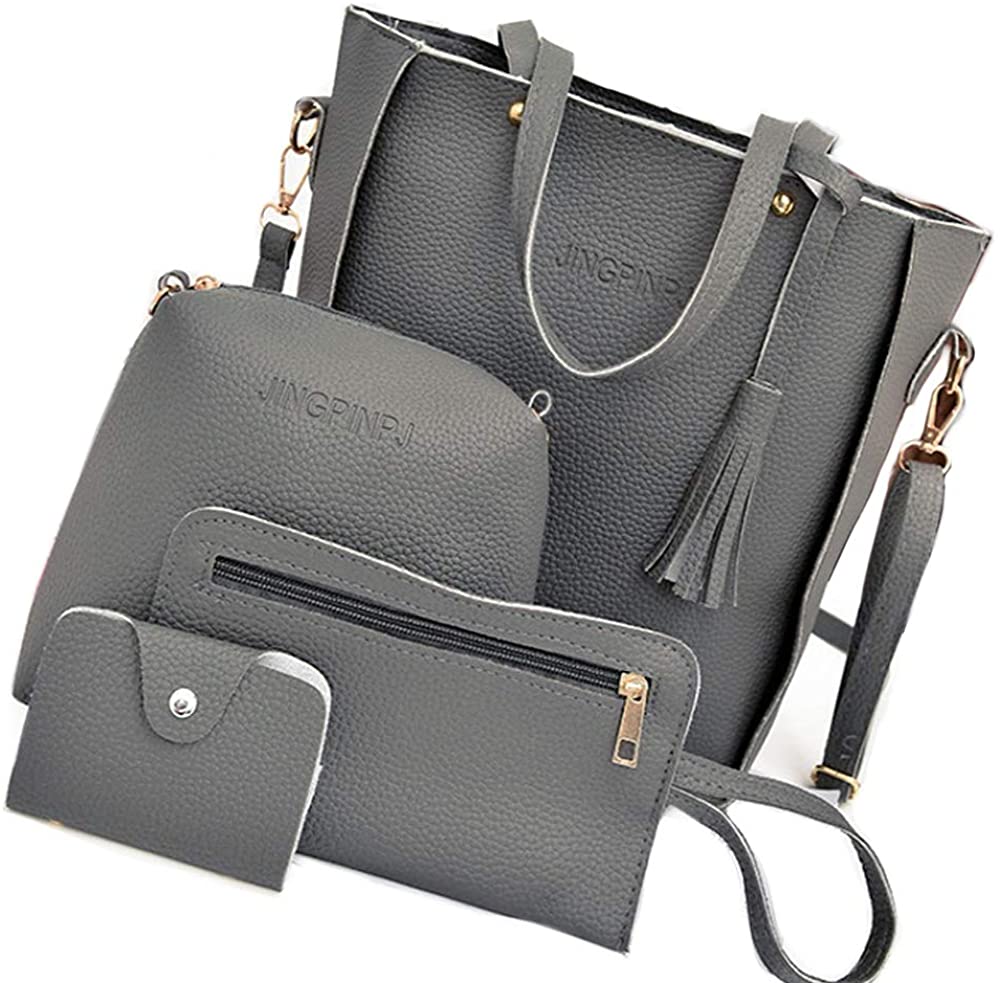 Price:$14.62    Woman Bag 4pcs PU Leather Practical Purse Casual Messenger Bag Fabala Shoulder Bags Handbag Tassel Satchel Set(Dark Gray)  Clothing
