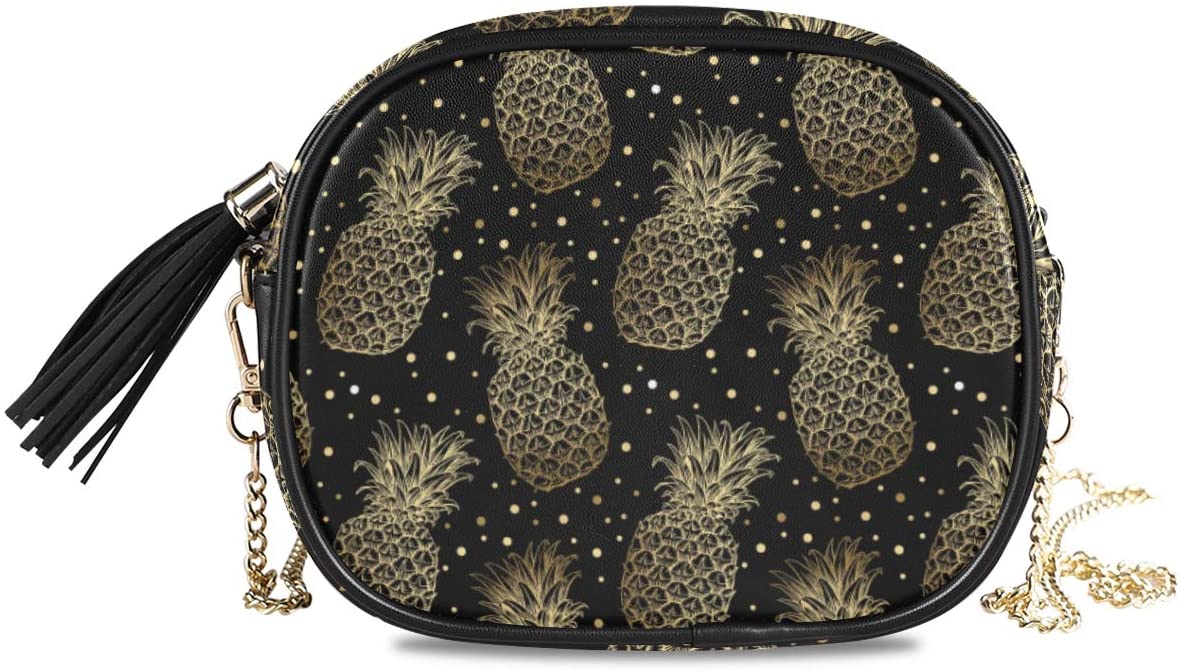 Price:$14.99    ALAZA Women's Gold Pineapple Polka Dots Cross Body Bag Chain Shoulder Handbag Purse with Tassel  Clothing