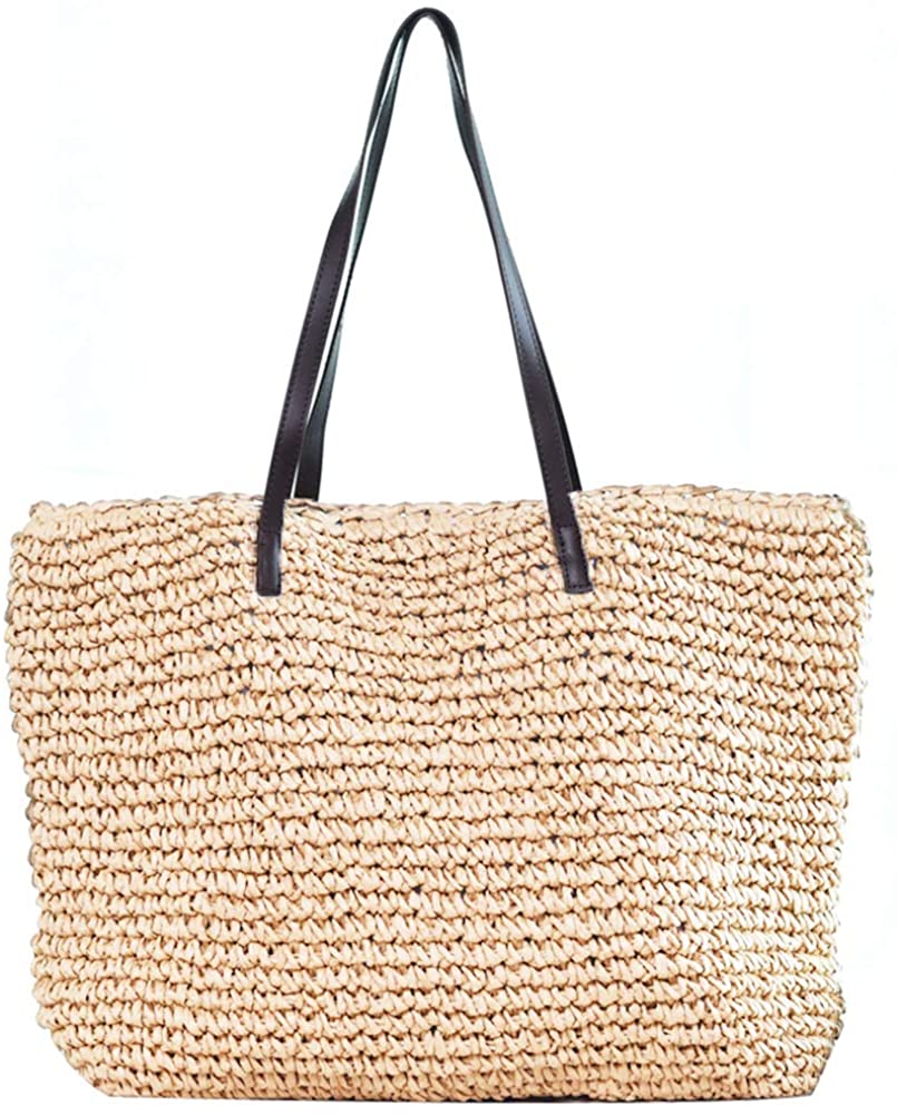 Price:$24.99 Obosoyo Women's Classic Straw Handbag Summer Beach Sea Shoulder Bag Large Tote (Style2-Beige)  Handbags   