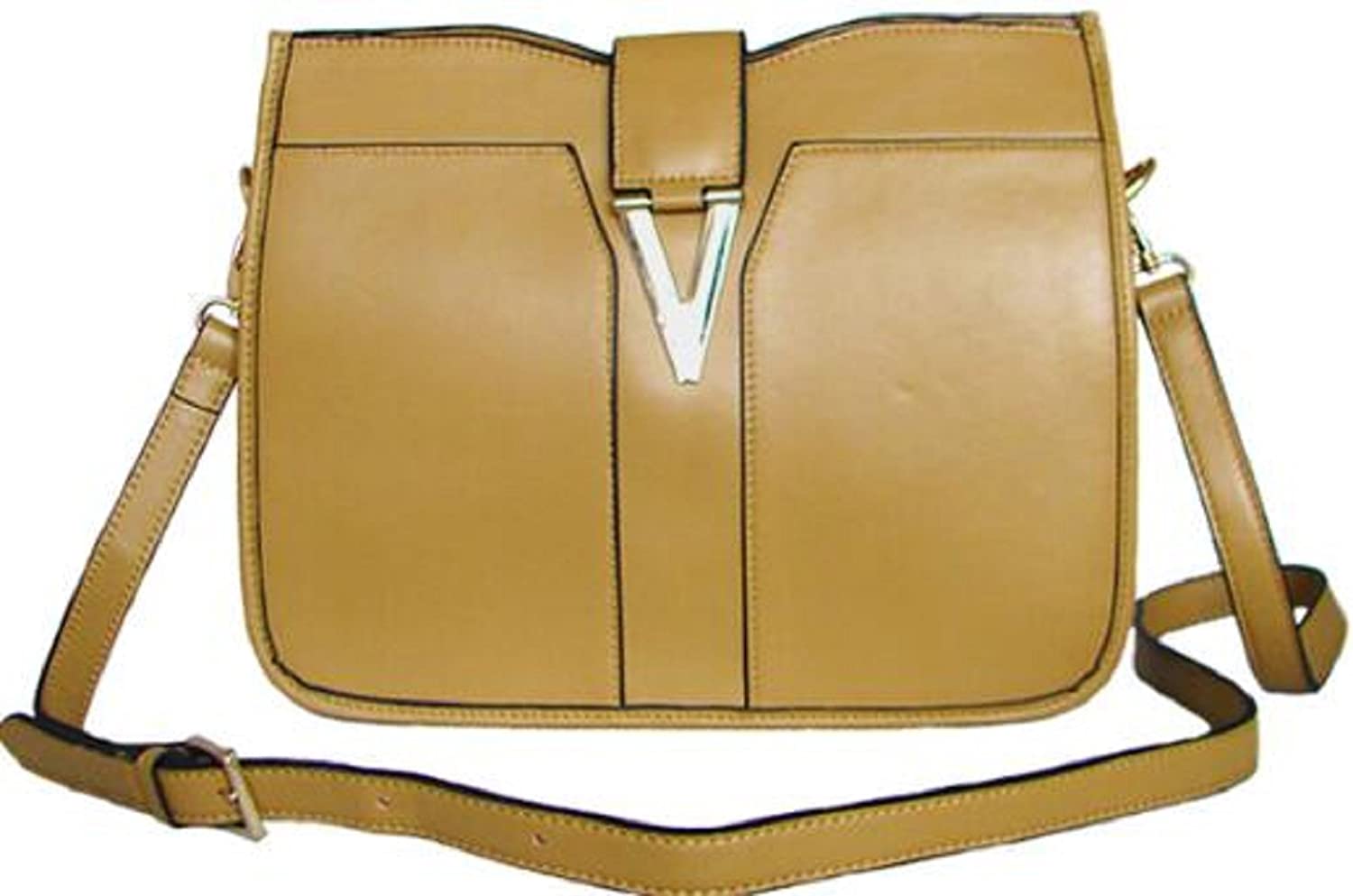 Price:$18.99 Lush Leather Medium Metal Snap Shoulder Camel Brown Crossbody Bag  Handbags   