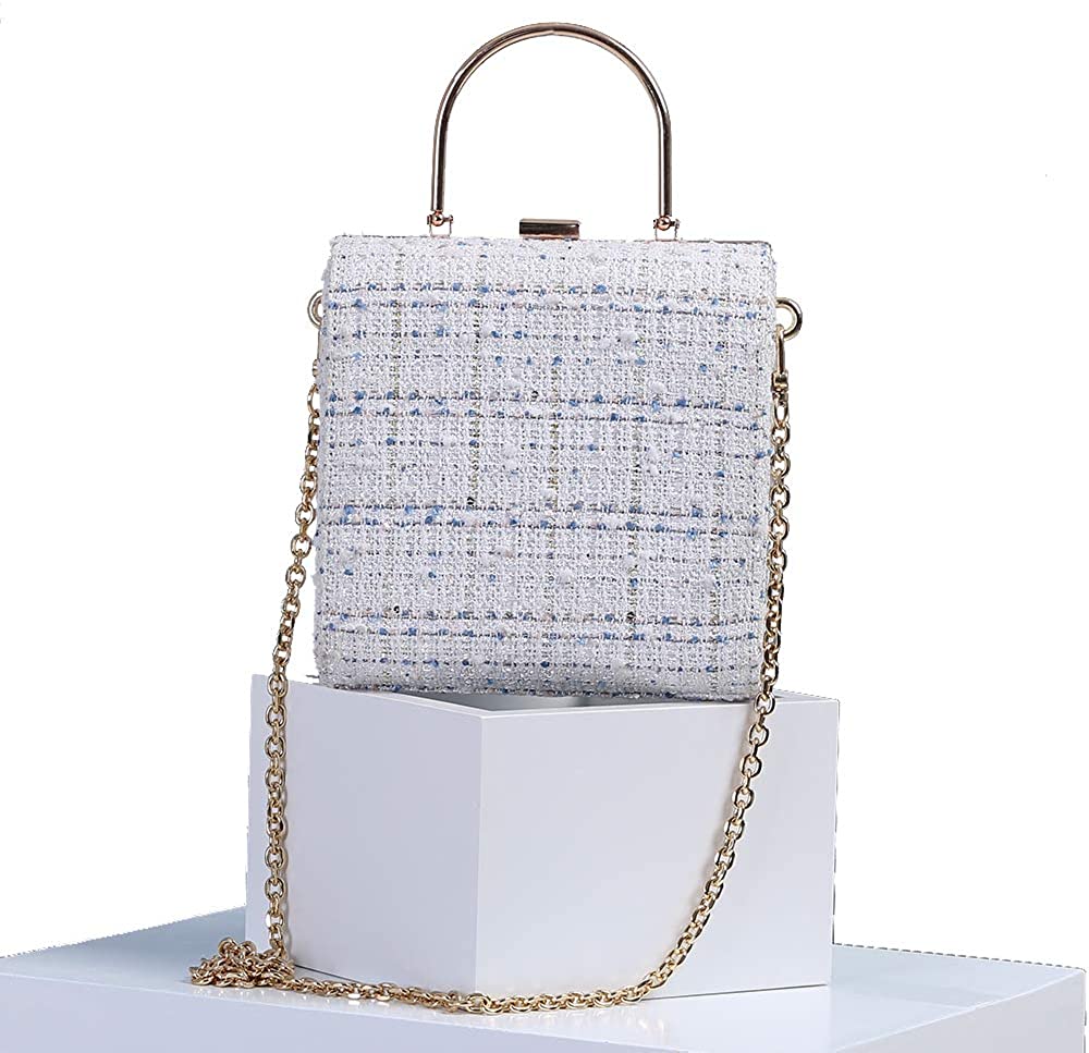 Price:$17.86 Alnice Tweed Woven Fabric Cross Body Handbags Shoulder Chains Square Bag For Women Banquet Bag (White)  Handbags   