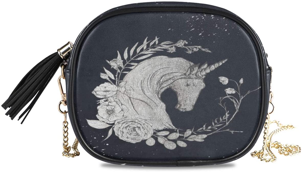 Price:$14.99    ALAZA Women's Vintage Navy Unicorn with Floral Cross Body Bag Chain Shoulder Handbag Purse with Tassel  Clothing