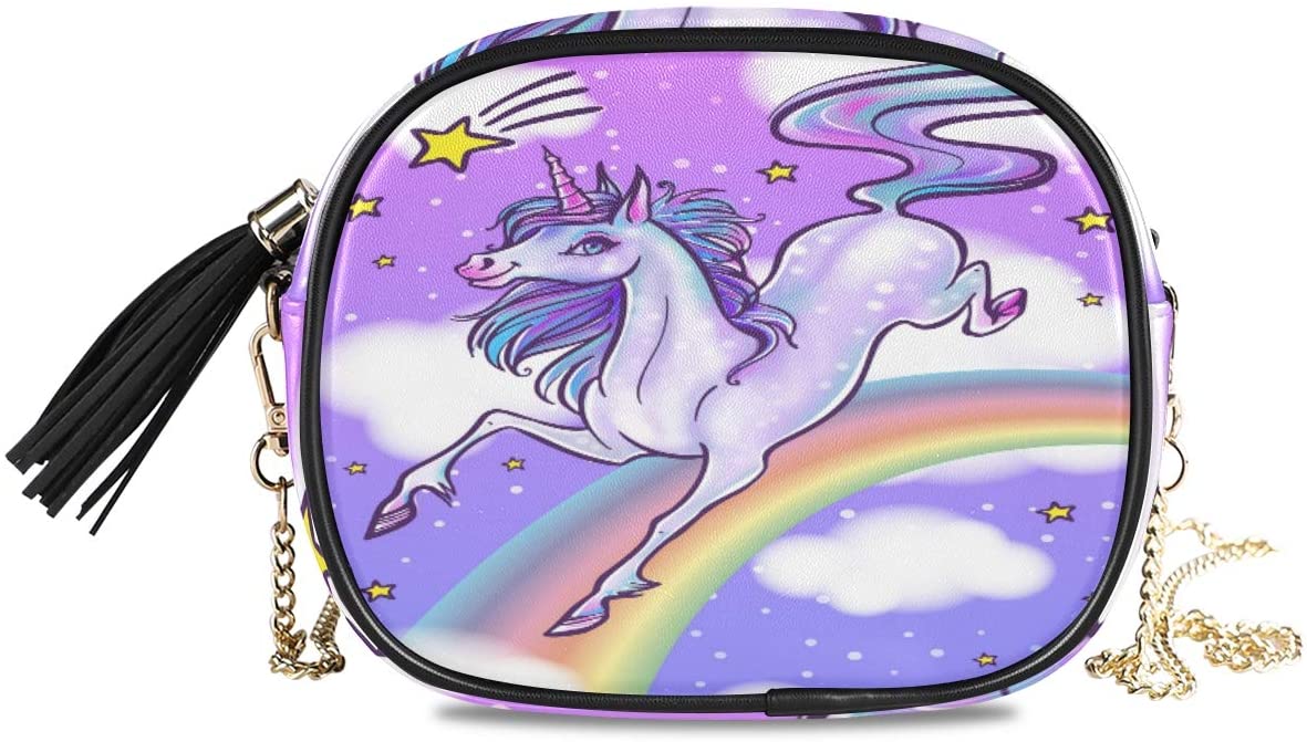 Price:$14.99    ALAZA Women's Magic Unicorn with Rainbow Hairs Cross Body Bag Chain Shoulder Handbag Purse with Tassel  Clothing