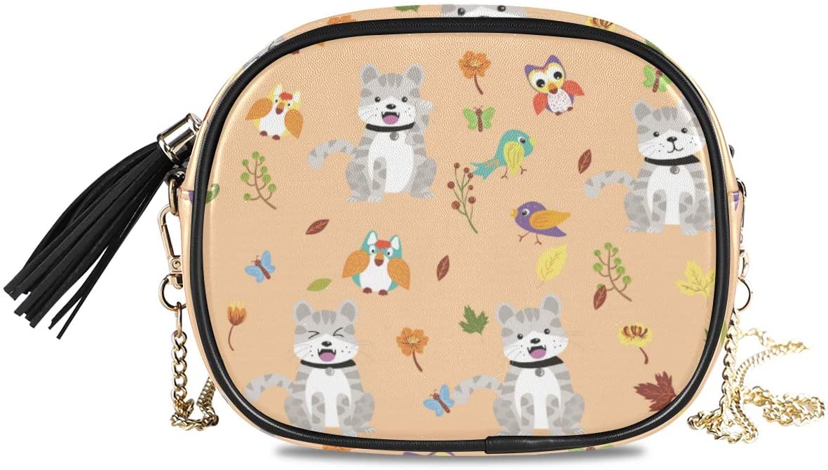 Price:$14.99    ALAZA Women's Autumn Cute Animals Cat Little Birds Flower Leaves Cross Body Bag Chain Shoulder Handbag Purse with Tassel  Clothing