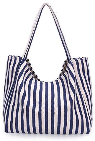 Price:$19.99    EORUBE Large Canvas Beach Tote Bag for Women Lightweight Striped Shoulder Tote Bag for Summer Travel Daily Work (Stripe - Navy)  Clothing