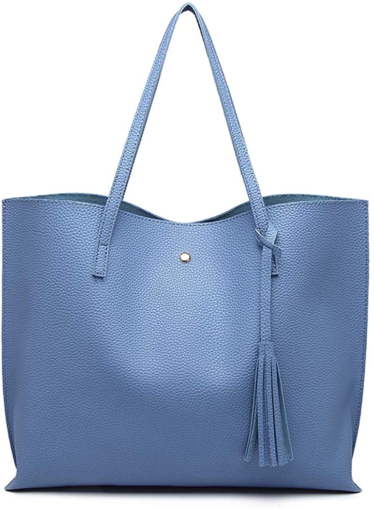 Price:$11.99    Miss Lulu Women Tote Bags Top Handle Handbags Soft PU Leather Tassel Shoulder Purse Big Capacity for Work School Travel Blue  Clothing