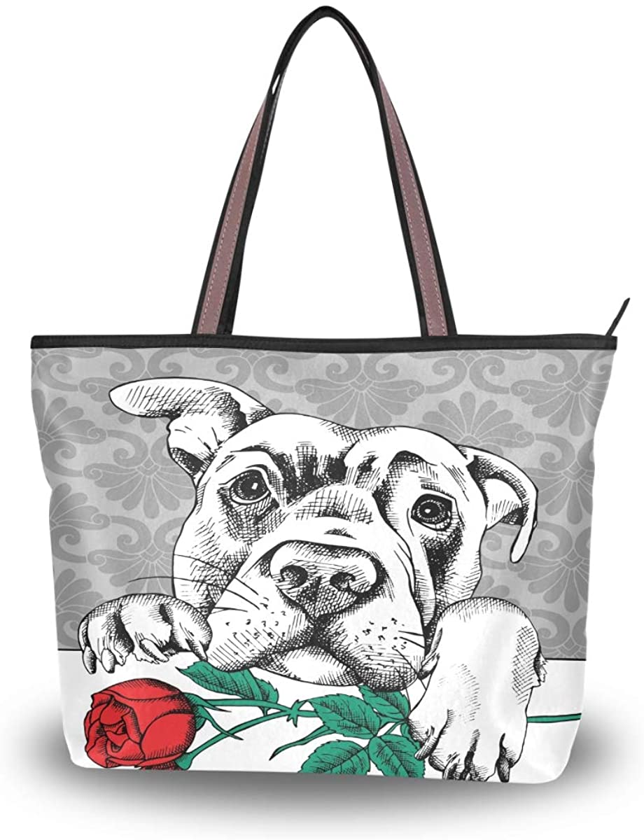Price:$21.49    JSTEL Women Large Tote Top Handle Shoulder Bags Dog With Red Rose Patern Ladies Handbag  Clothing