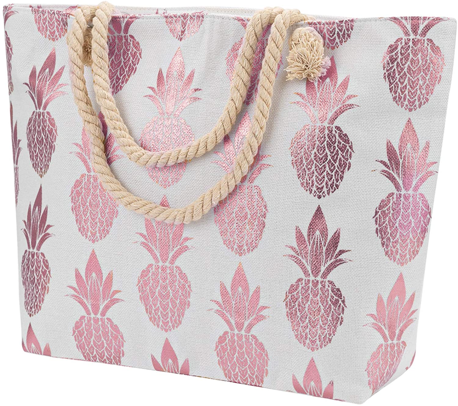 Price:$18.99    Large Women Tote Bag with Inner Pocket Premium Canvas Pineapple Pattern Shoulder Bag Closure Top Zipper Cotton Rope Handles for Summer Beach Shopping Holiday Work Travel [Rose Red]  Clothing