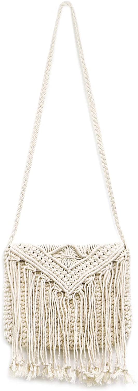 Price:$27.99 QTKJ Women's Crochet Crossbody Bag Hand-Woven Boho Tassels Summer Beach Cotton Shoulder Bag with Zipper (White)  Handbags   