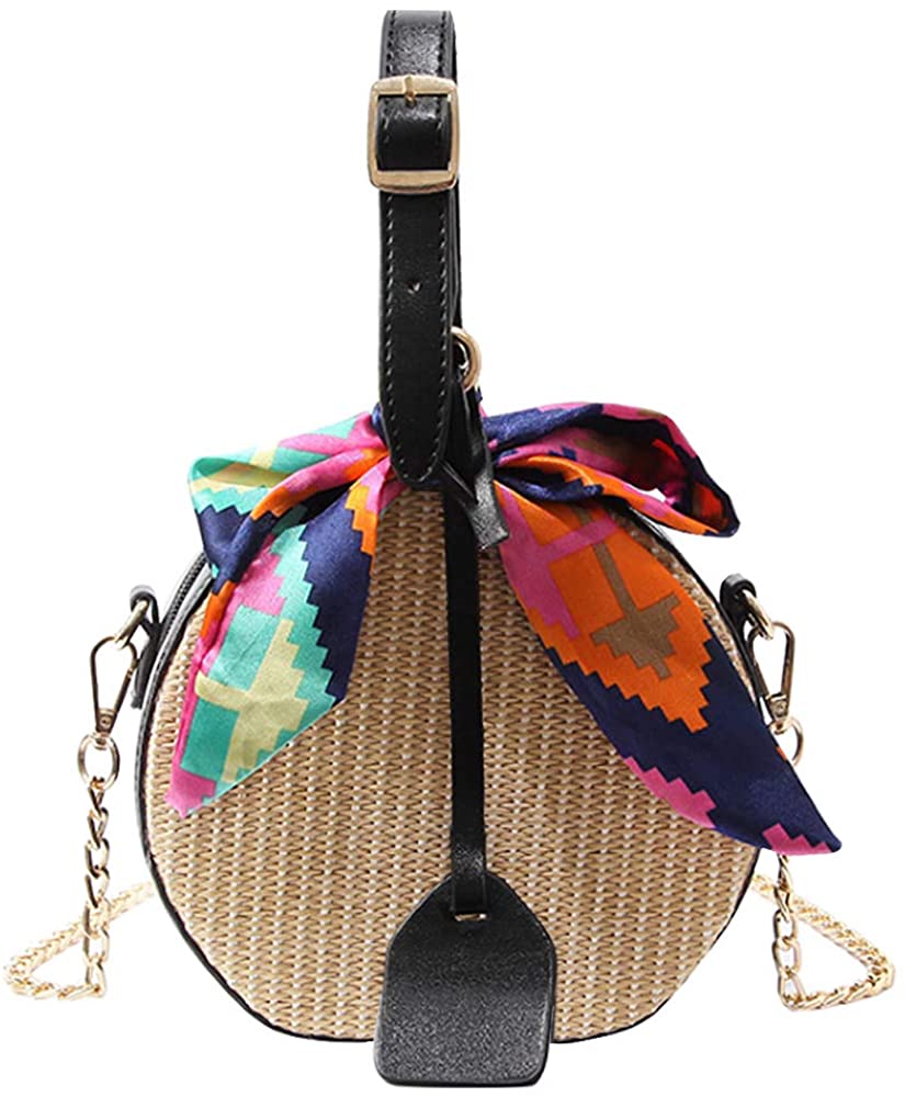 Price:$14.90 LABANCA Women Round Small Handbag Purse Straw Mini Crossbody Bag Summer Woven Chain Shoulder Cross Body Coin Purse Bag Black  Handbags   