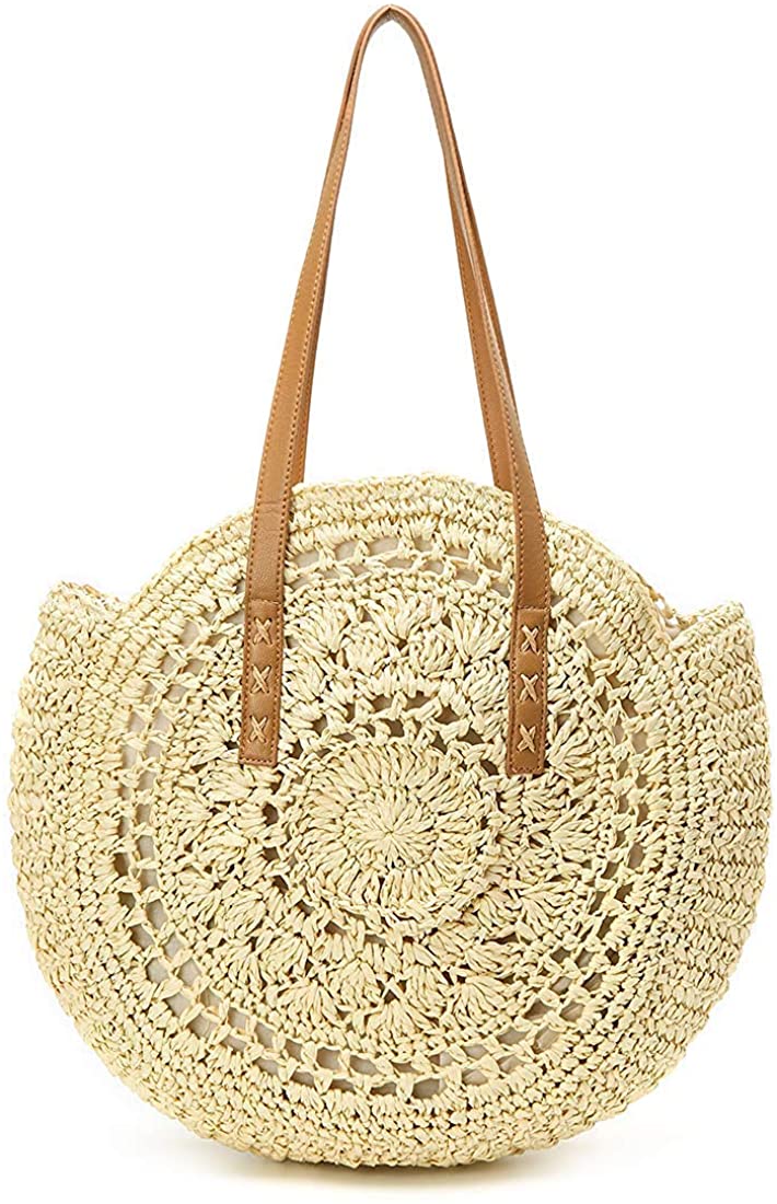 Price:$19.99 Hurber Women's Woven Bag Round Handmade Woven Shoulder Bag Cross Body Handmade Rattan Bag (Y-Beige)  Handbags   