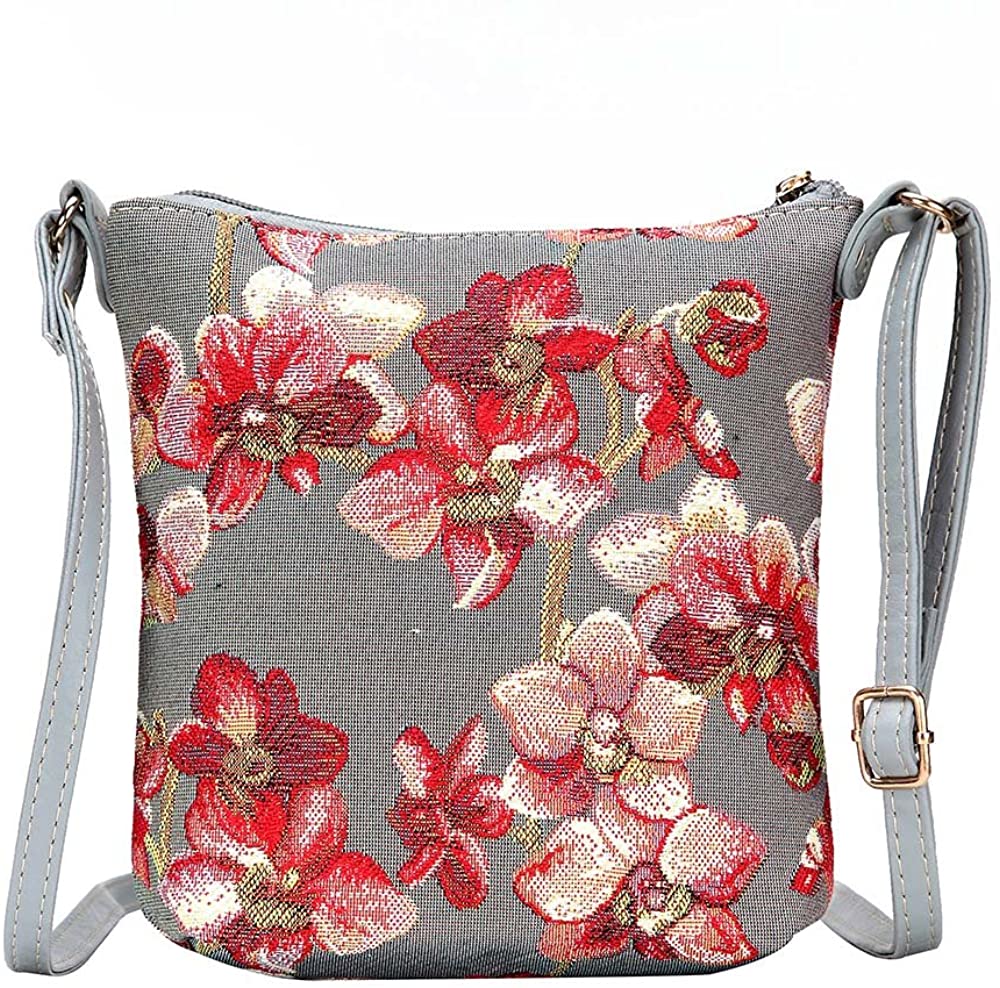 Price:$15.14 Signare Tapestry Small Crossbody Bag Sling Bag for Women with Red & Grey Orchid Design (SLING-ORC)  Handbags   