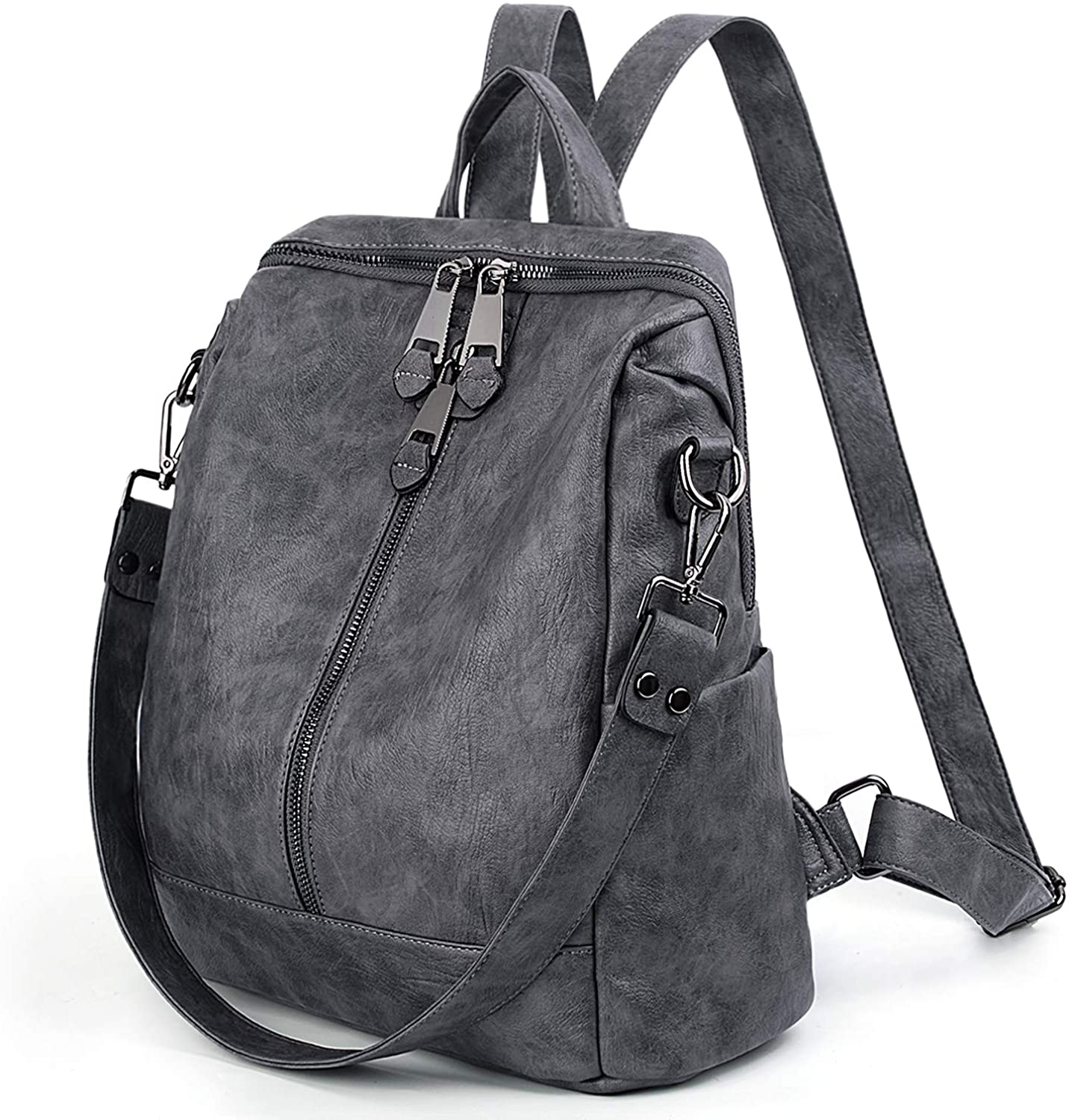 Price:$34.99    UTO Women Backpack Purse PU Washed Leather Convertible Ladies Rucksack Zipper Pockets Earphone Hole Shoulder Bag Grey  Clothing