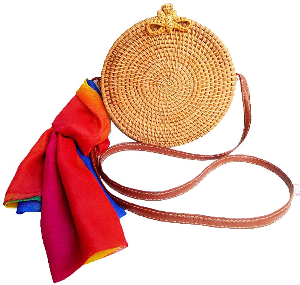 Price:$17.99 Baellerry Round Woven Ata Rattan Bag Summer Beach Shoulder Bag for Women (U1)  Handbags   