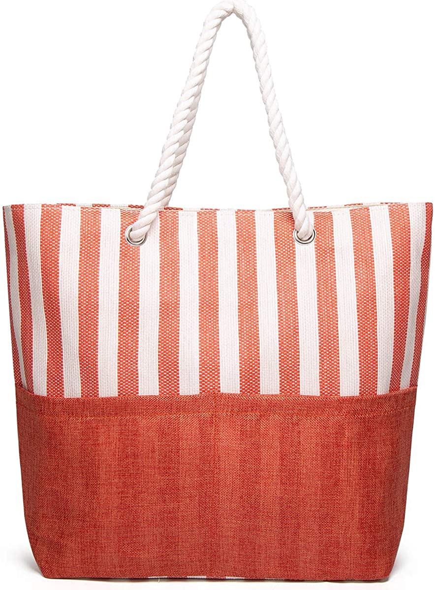Price:$10.99    Beach Bag For Women,Summer Beach Tote Bag Lightweight Stripe Shoulder Bag Purse With Zipper  Clothing