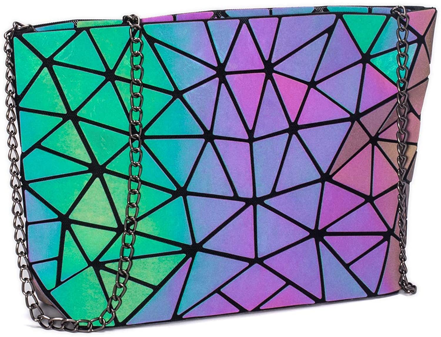 Price:$16.99 Geometric Luminous Chain Bag, Geometric Luminous Shoulder Bag for Women, Holographic Reflective Crossbody Bag  Handbags   