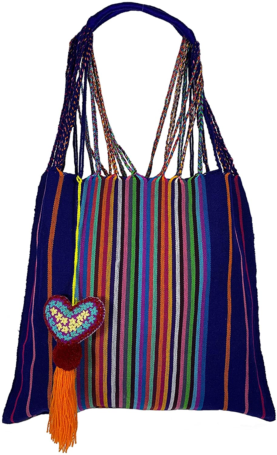 Price:$29.99    Women Mexican Cotton Tote, Shoulder Casual Handbags, Beach Bag for Women with a Colorful Pompom (Navy Blue)  Clothing