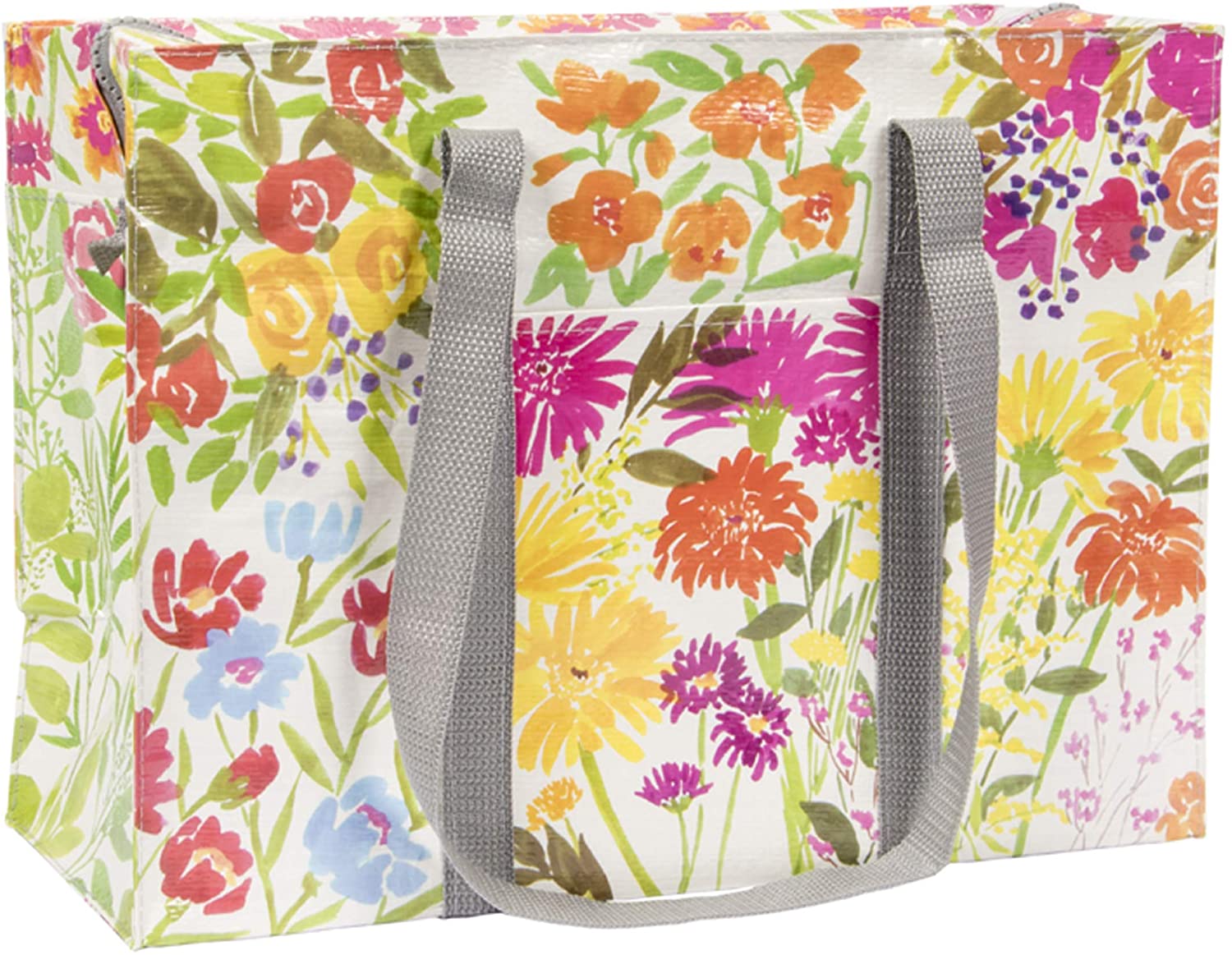 Price:$21.99    Blue Q Shoulder Tote, Flower Garden. The carry-everywhere bag that features a hefty zipper, exterior pocket, wrap-around straps, reinforced floor. Made from 95% recycled material, 11"h x 15"w x 6.25"d  Clothing