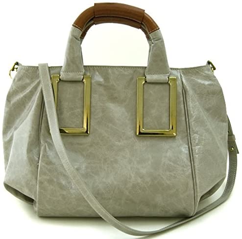 Price:$24.99 Lush Leather Medium Plus Metal Squares Top Handle Cement Grey Bag  Handbags   
