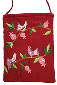 Price:$11.90    Yair Emanuel Birds and Pomegranate Design Maroon Embroidered Bag  Clothing