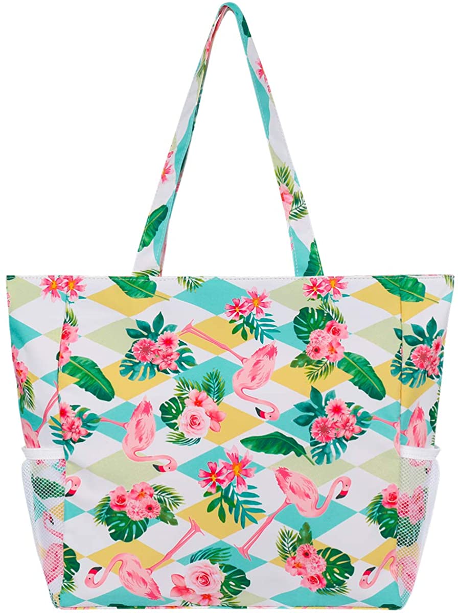 Price:$18.99 TENDYCOCO Beach Bags for Women Tote Bag Tropical Flower Palm Leaf Flamingo Printed Shoulder Bag Waterproof Beach Tote Large  Handbags   