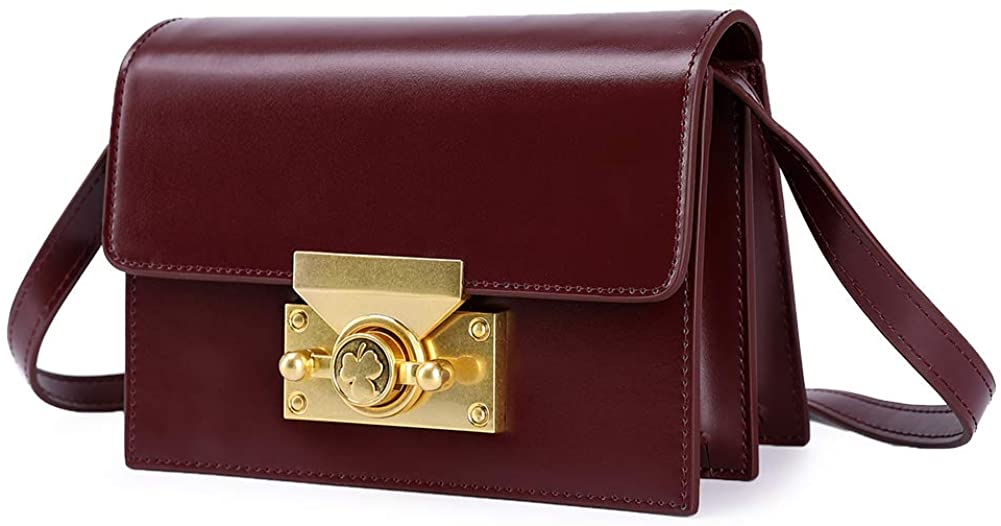 Price:$49.99 Women Genuine Leather Crossbody bags Small Shoulder Purse Handbags With Retro Premium Brass Gold Lock(Burgundy)  Handbags   