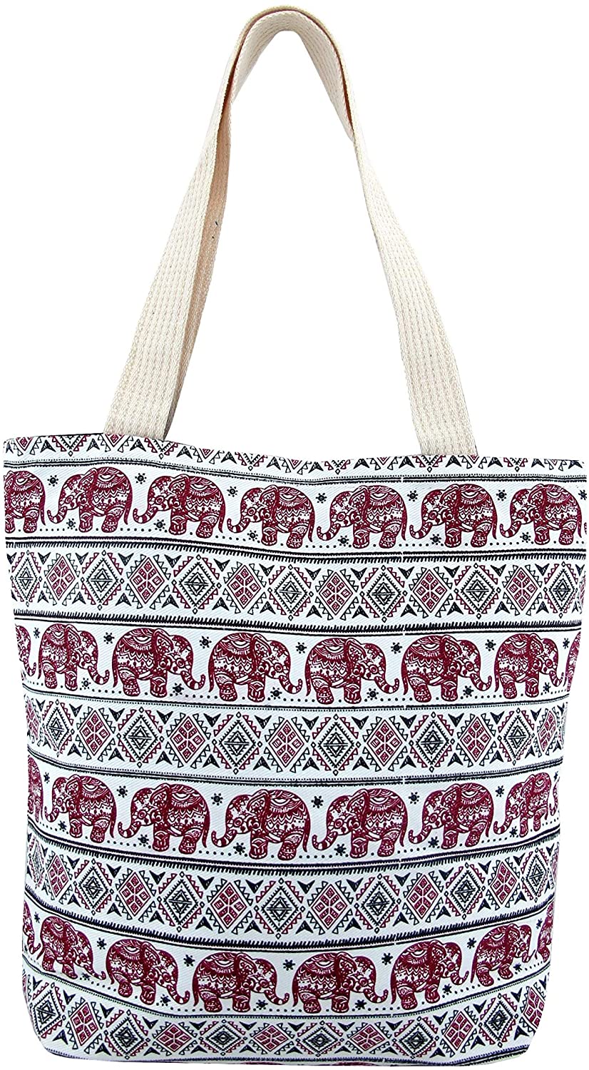 Price:$9.99    Thai Elephant Canvas Tote Bag - Casual Shoulder Purse with Zipper and Pocket - Animal Print Tote, Cotton, Medium Size (Maroon Red)  Clothing
