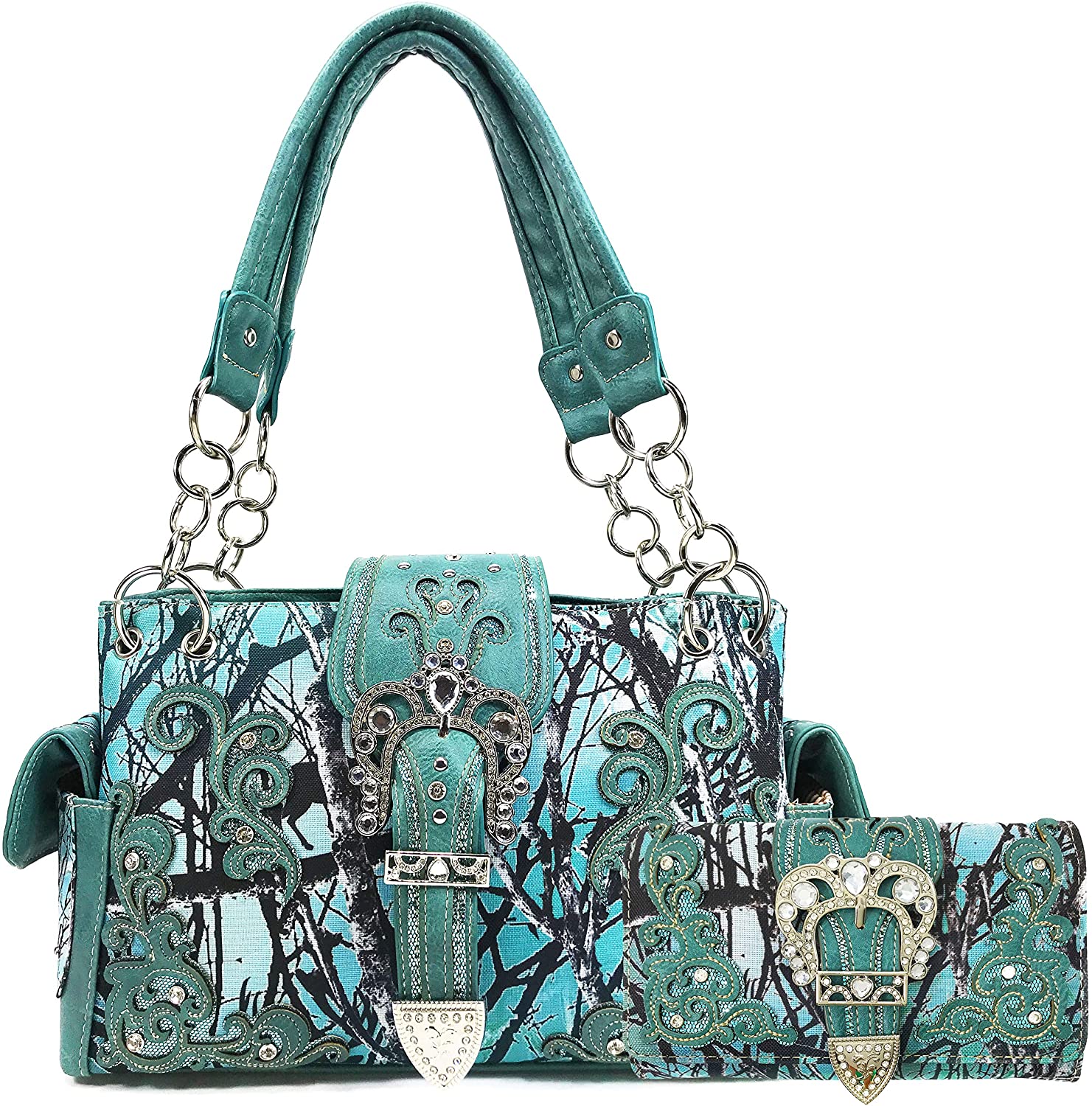 Price:$62.89 Zelris Camouflage Shine Glow Buckle Women Conceal Carry Handbag with Wallet Set (Teal)  Handbags   