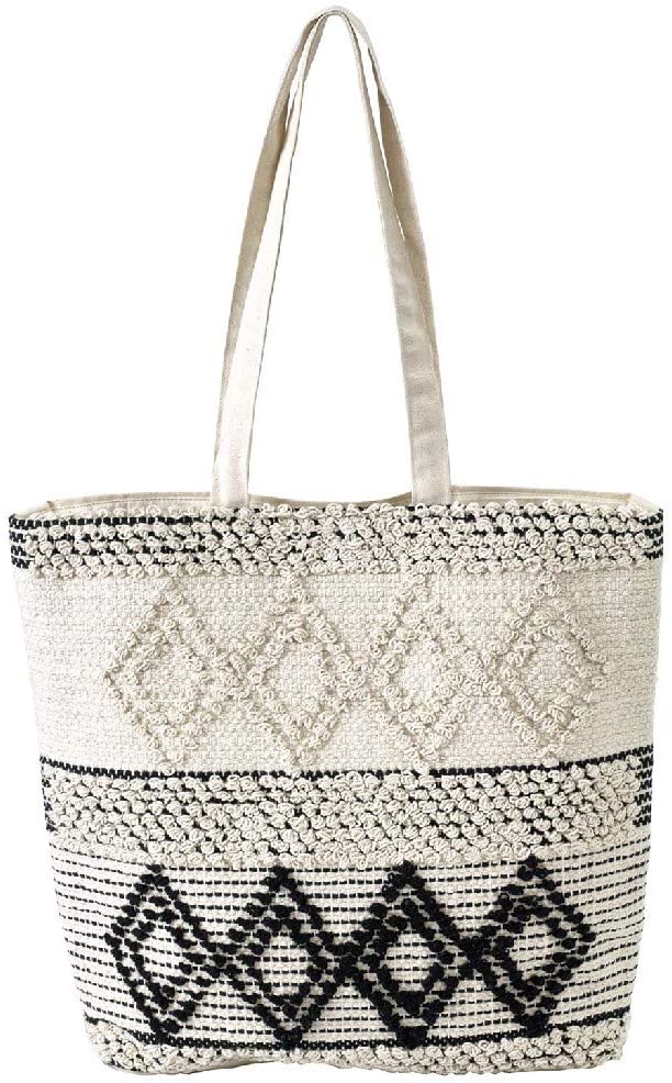 Price:$38.25    Time Concept BOHO Shag Geometric Tote Bag, Cotton, 3 Interior Pockets, Beach Travel Shoulder Bag, Handbag, Fashionable - Black & Natural  Clothing
